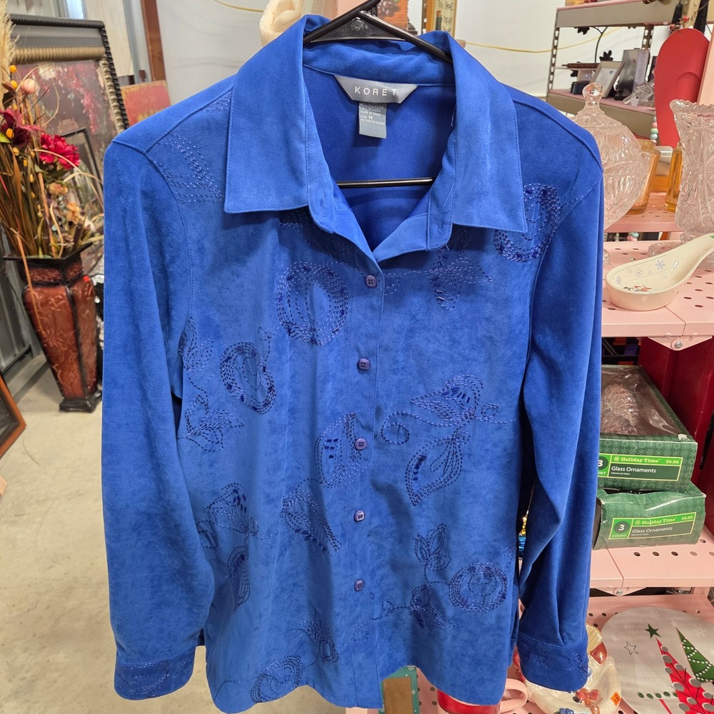 Koret Women's Blue Suede Feel Embellished Button Up Shirt Size M